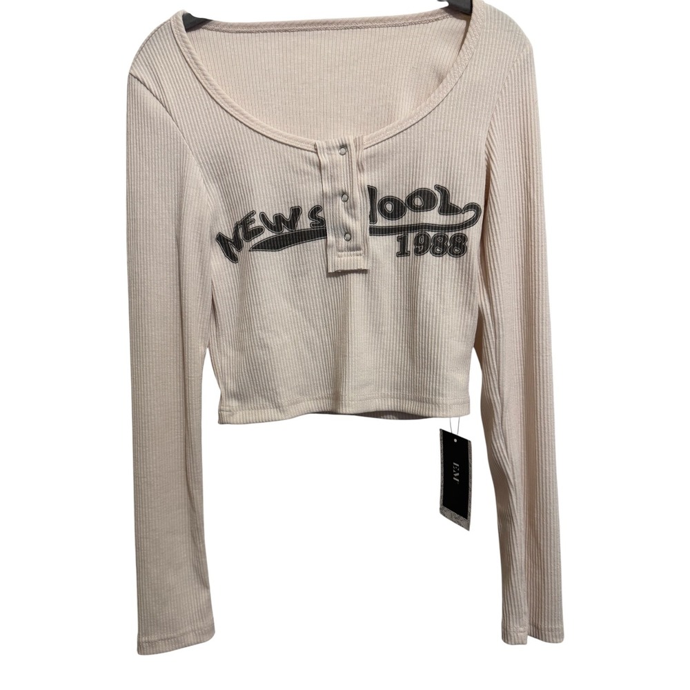 EMI Henley Crop Top Womens Small Beige New School 1988 Retro Y2K Ribbed Knit‎